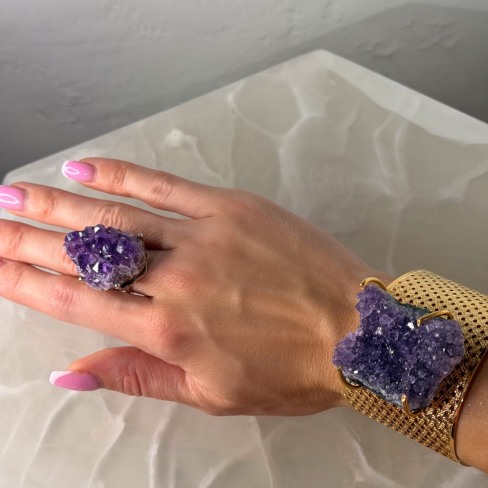 18 K Gold Platted Druzy Amethyst Statement Bracel… - image 7